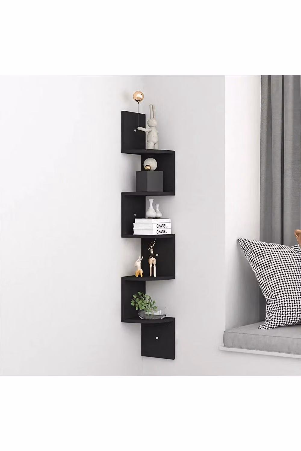 H&O Direct Black Wooden Geometric Zigzag Floating Corner Wall Mounted Shelves – 2