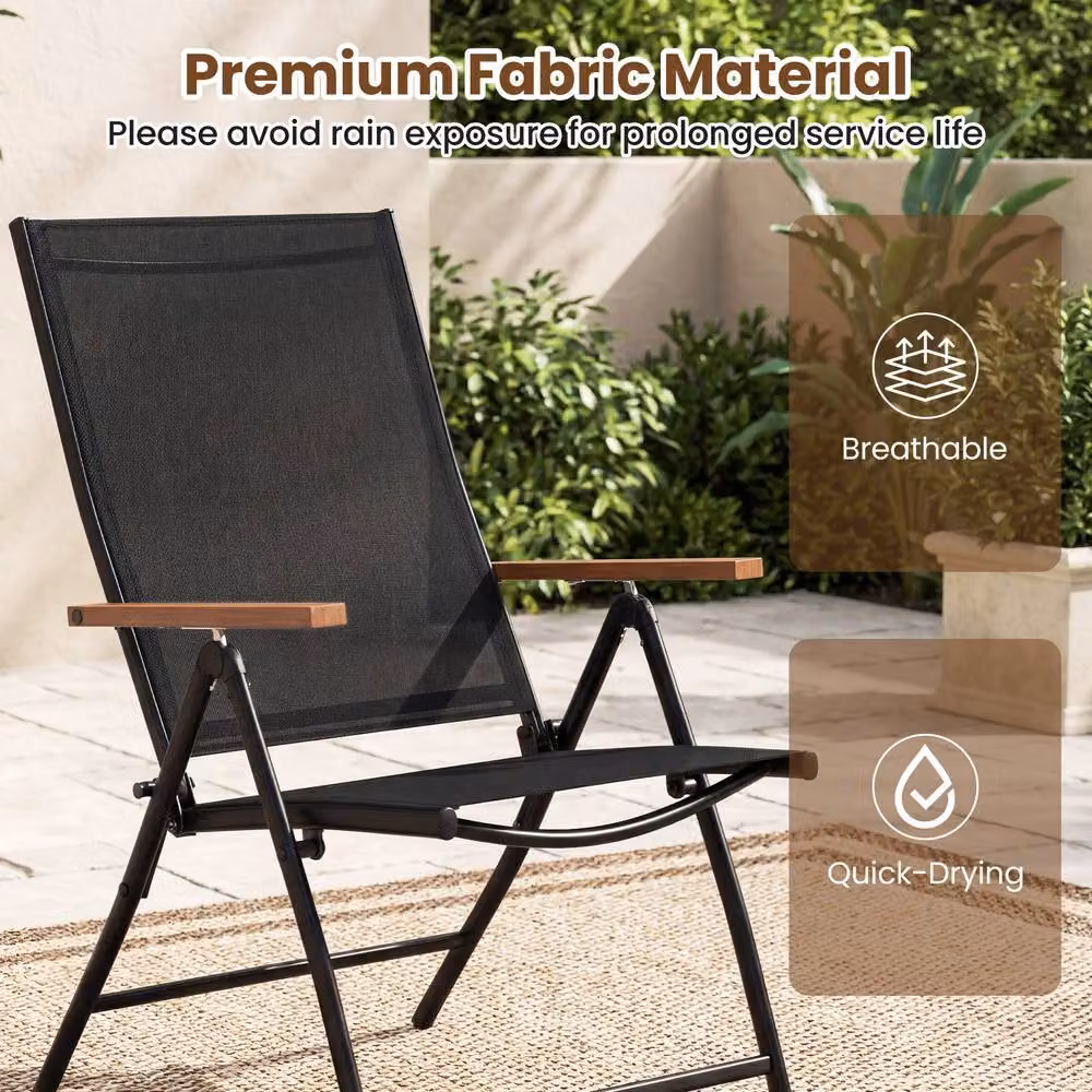 Costway Set of 2 Black Folding Patio Chairs with Breathable Fabric and Metal Frame – 6