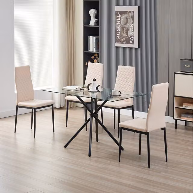 Madefor.living Miami Rectangular Glass Dining Table with 4 Emily Leather Chairs in Champaign