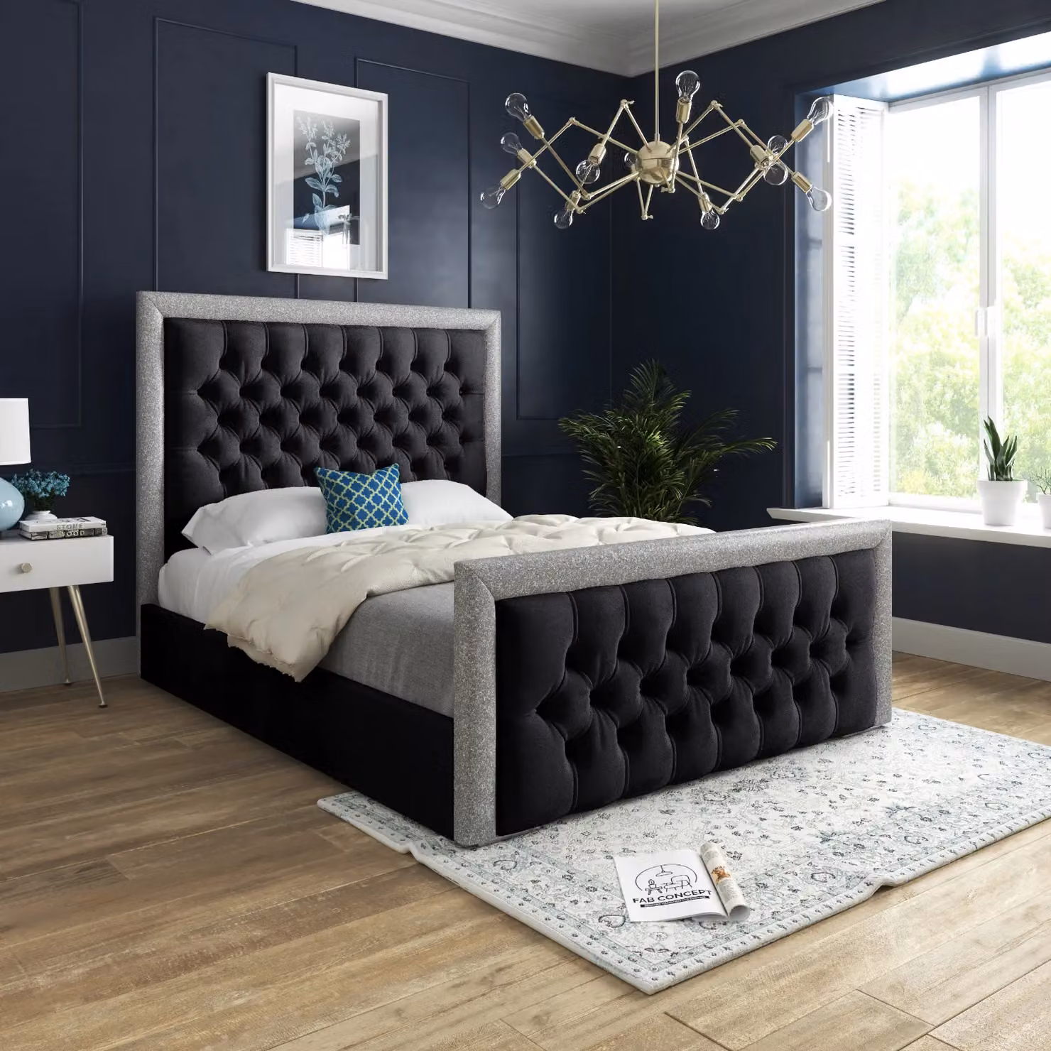 Casani Upholstered Velvet Bed Frame in Black, W/D/H: 120 x 200 x 128 cm – 2