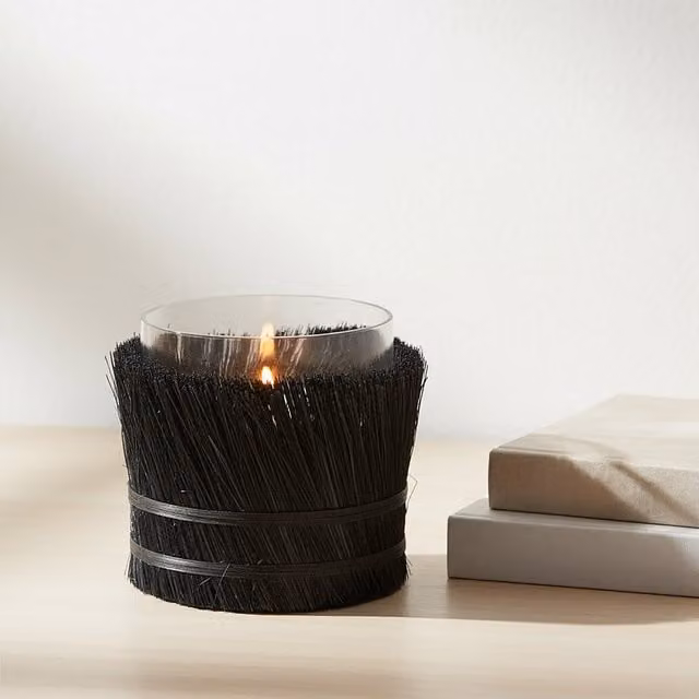 Orsina Modern Round Black Glass and Rattan Tealight Candle Holder