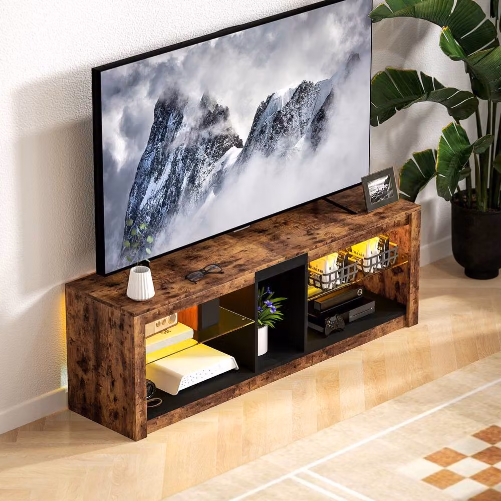 STILVORA Rustic Brown TV Stand with Integrated LED Lighting, Adjustable Shelves and Media Compartments, Width: 140 cm – 7