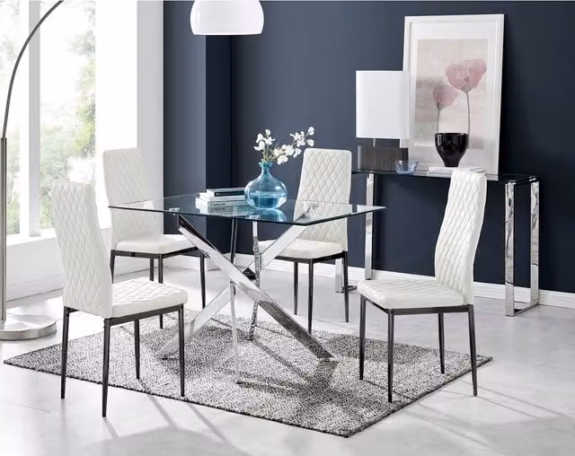 FurnitureboxUK Leonardo White Glass Dining Table and 4 Milan Black Leg Dining Chairs