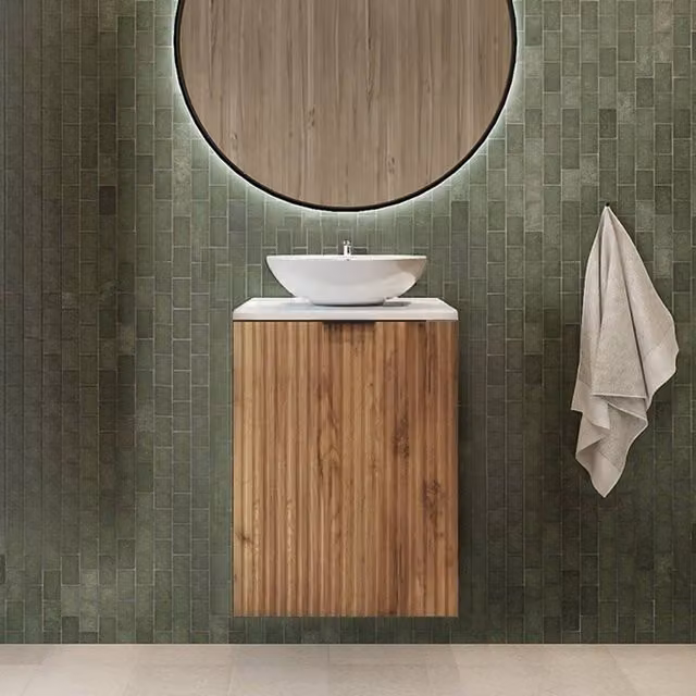 Heze Furniture Flow 1 Door Fluted Bathroom Vanity Cabinet with Worktop, Light Brown, Width: 40 cm – 1