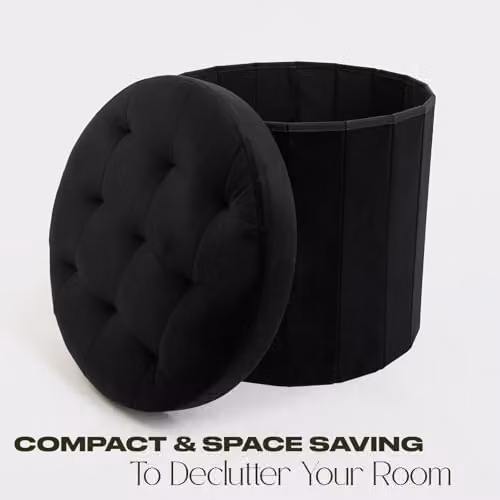OHS Black Matte Velvet Round Ottoman Storage Box and Footstool – 3