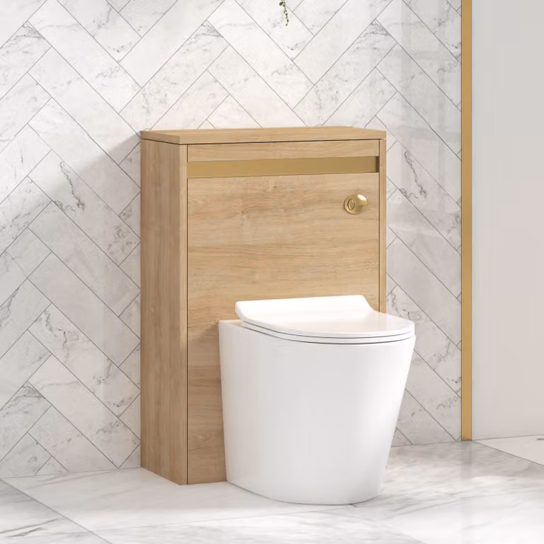 Royal Bathrooms Orion Natural Oak Wall Mounted WC Unit with Cesar Rimless Ceramic Toilet Pan, Slim Seat and Cistern, Width: 54 cm, Brushed Brass Accent Trim