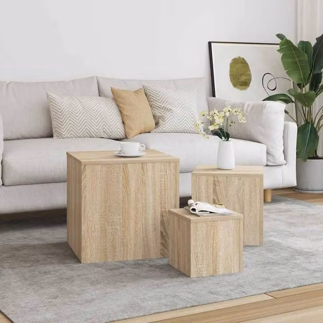 Berkfield Home Set of 3 Sonoma Oak Nesting Side Tables in Beige