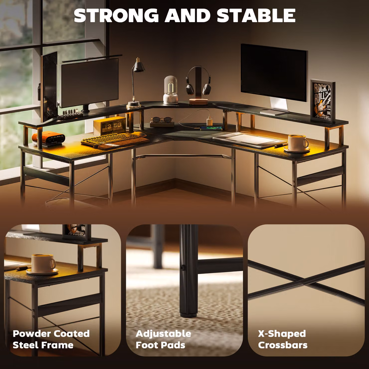 HOMCOM L-Shaped Corner Work Desk with LED Lights in Black – 4