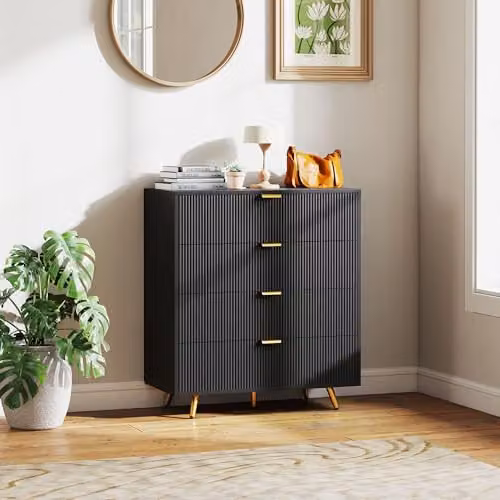 HOMCOM Modern Black Chest of Drawers with 4 Drawers and Gold Handles, W/D/H: 80 x 40 x 90 cm – 2