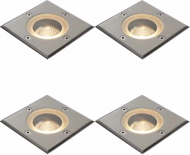 Loops 4 Pack Marine Grade IP65 Square Recessed Ground Light, 50W GU10, Silver Stainless Steel – 1