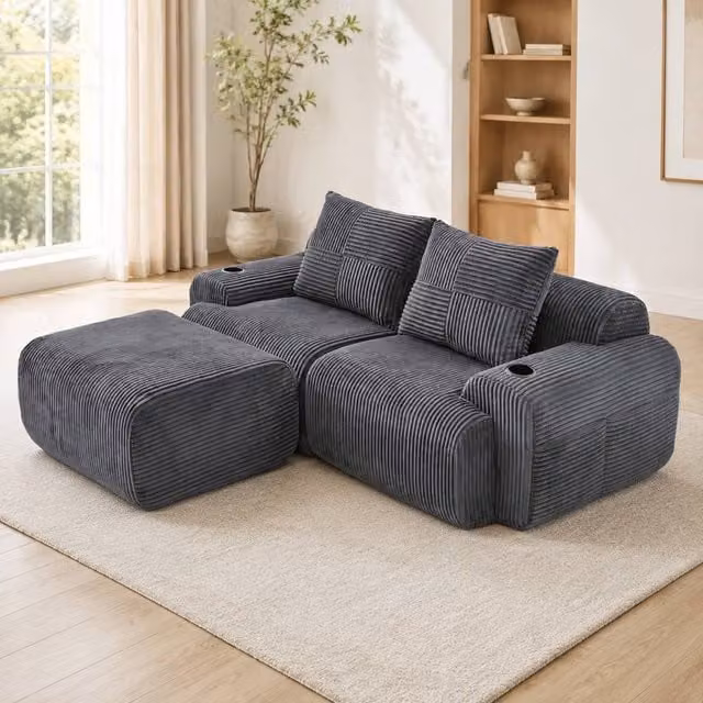 STILVORA 2-Seater Modular Upholstered Sofa with Cup Holder in Grey