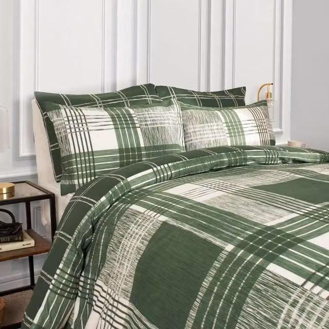 OHS Check Tartan Duvet Cover Set in Green, 140 x 200 cm