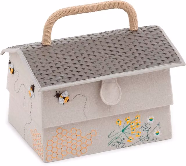 Hobby Gift Bee Hive Embroidered Sewing and Craft Storage Box in White and Beige – 1