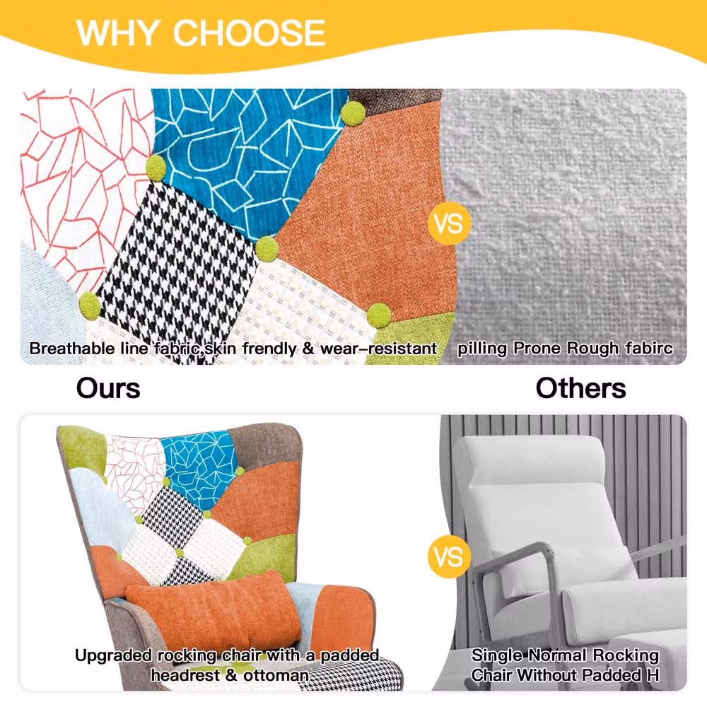 HomeMiYN Orange and Multicolour Abstract Patchwork Mid-Century Single-Seater Sofa with Matching Ottoman and Armrests – 5