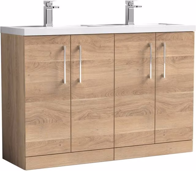 Balterley Level 1200mm Floor Standing 4 Door Unit and Double Basin in Bleached Oak Brown – 1