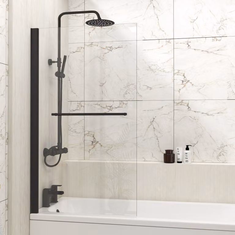 Royal Bathrooms Hinged Rectangular Straight Shower Bath Screen with Black Wall Profile and Rail, Clear Glass, W: 140 cm