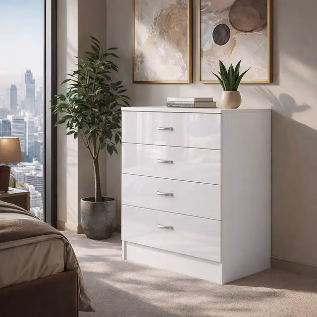 Harmin 4 Drawer Chest in High Gloss White, H 68.5 x W 60 x D 40 cm