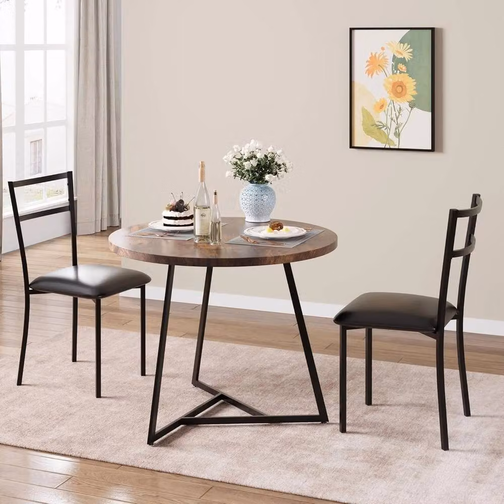 VOGREX 3 Piece Round Space Saving Dining Set with Table and Chairs in Brown Wood – 2