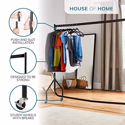House of Home Heavy Duty Single Tier Clothes Rail with Wheels, Black, H: 150 cm, W: 95 cm, D: 46.5 cm – 3