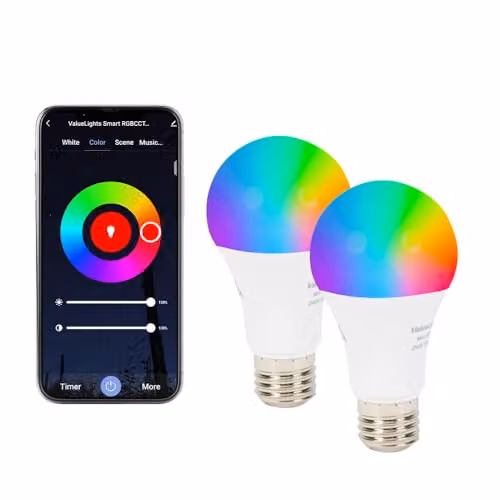 ValueLights 2 Pack 9W RGBCCT Smart WiFi LED Bulbs, E27 Screw Type, Multicolour Dimmable Bulbs Compatible with Amazon Alexa and Google Home
