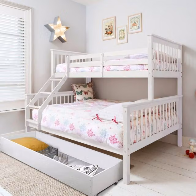 Noa and Nani Hanna Triple Bunk Bed with Pull Out Trundle in White Solid Pine Wood