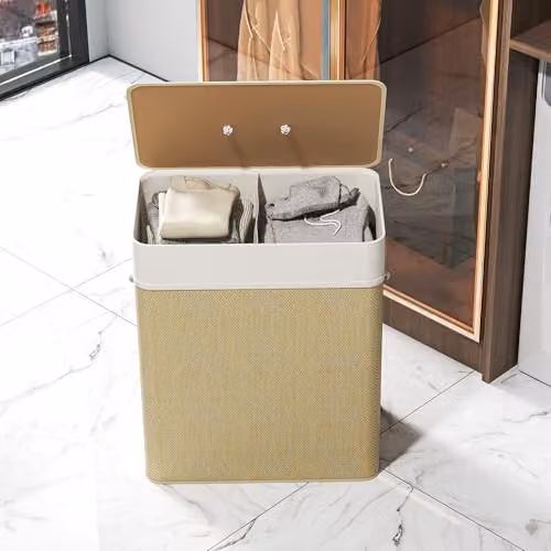 HOMCOM 100L 2-Section Laundry Basket with Lid and Handles in White – 4