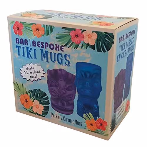 Bar Bespoke Ceramic Tiki Mugs, 2 Pack, Blue and Purple