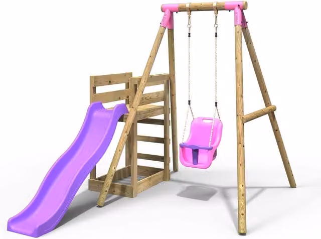 Rebo Pluto Wooden Single Swing Set with Slide and Baby Seat in Pink