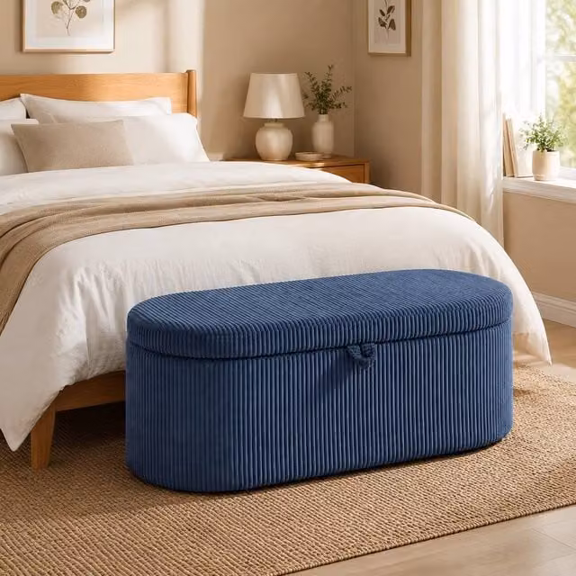 STILVORA Blue Corduroy Storage Ottoman with Hidden Compartment – 1