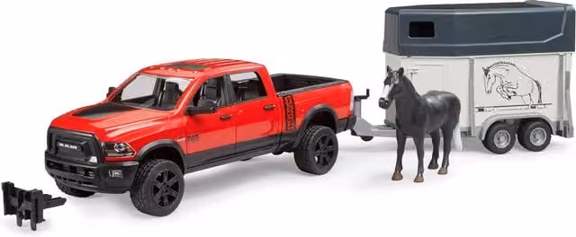Bruder RAM 2500 Power Wagon Vehicle and Playset with Horse Trailer and Horse in Red, 1:16 Scale