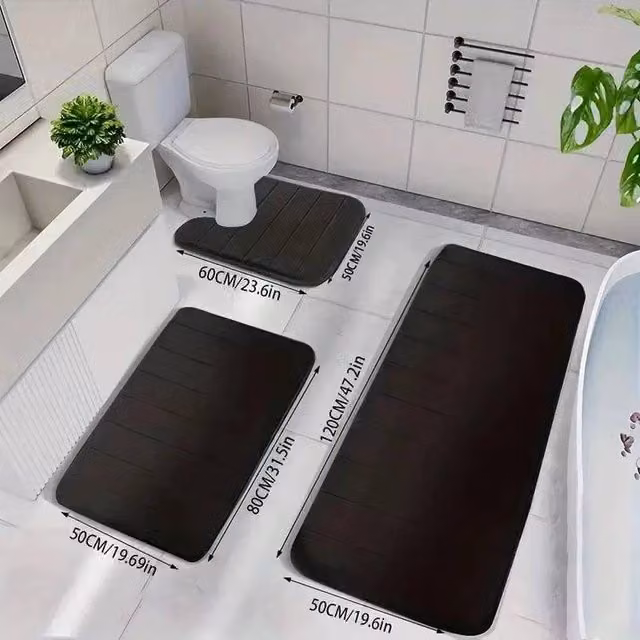 FLAVORA Black 3-Piece Non-Slip Absorbent Memory Foam Bath Mat Set
