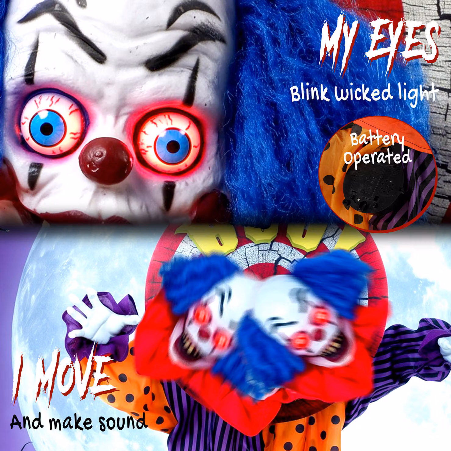 HOMCOM Life Size Animated Clown Halloween Decoration, Multicolour Scary Animatronics with Sound and Touch Activation, Height: 167 cm – 3