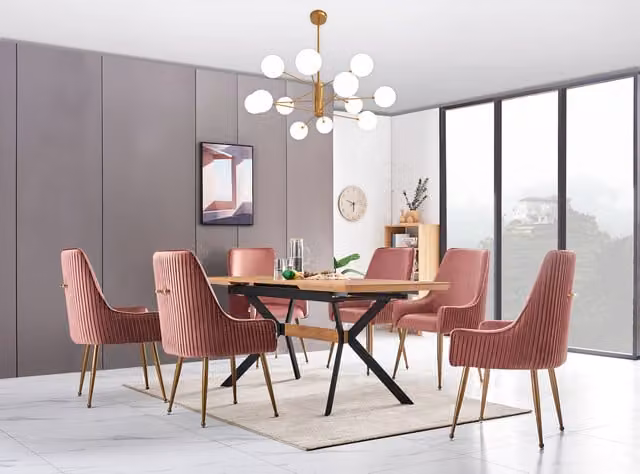 Life Interiors Soho Blaze LUX Dining Set with Rectangular Drop Leaf Table and 6 Pink Chairs