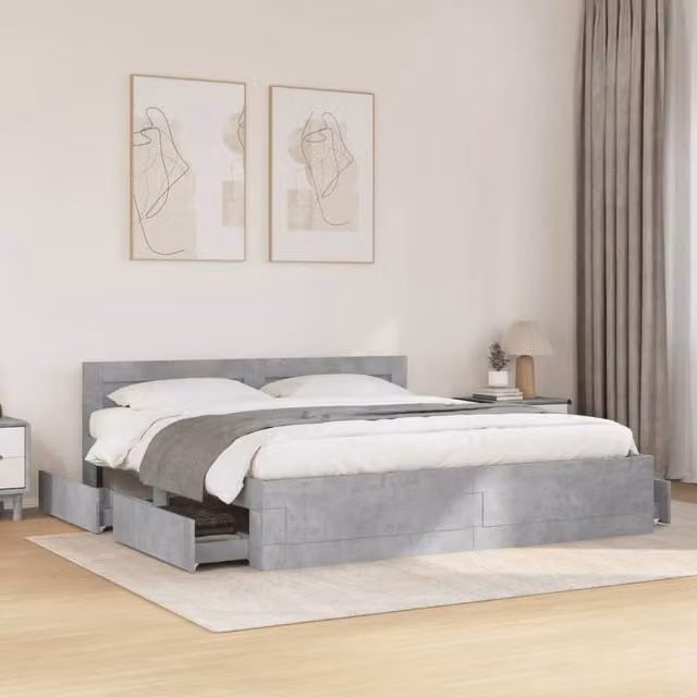 Berkfield Home Super King Bed Frame with Headboard and Drawers in Concrete Grey, W/D/H: 180 x 200 cm
