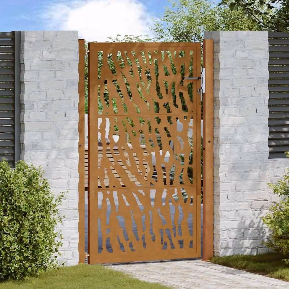 Berkfield Home Beautiful Garden Gate in Brown Weathering Steel with Trace Design, W: 105 cm, H: 155 cm – 1