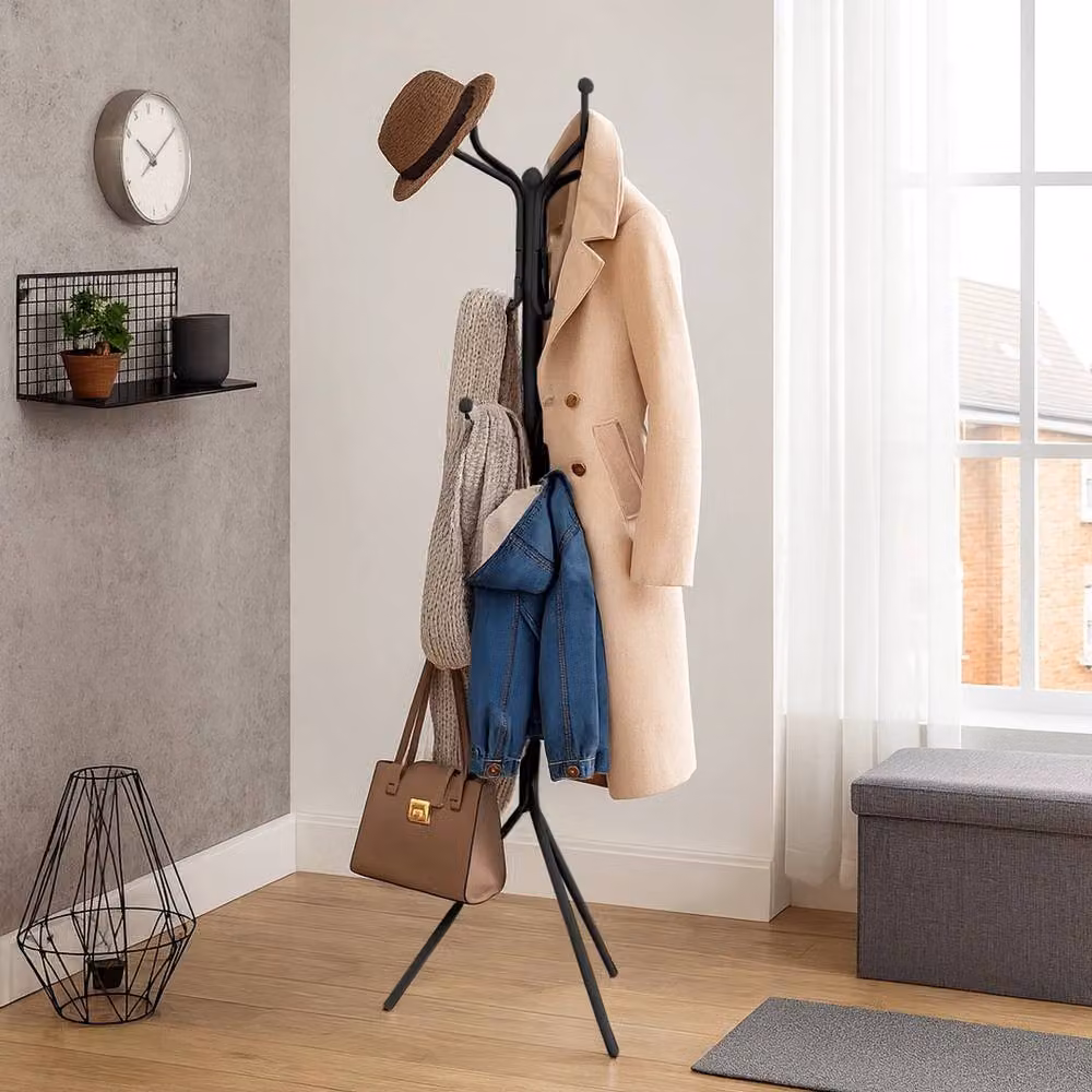 NESTLUNE Matt Black Steel Free-Standing Post Tree Coat Rack with Distributed Point Hooks, W/D/H: 44 x 44 x 182 cm – 3