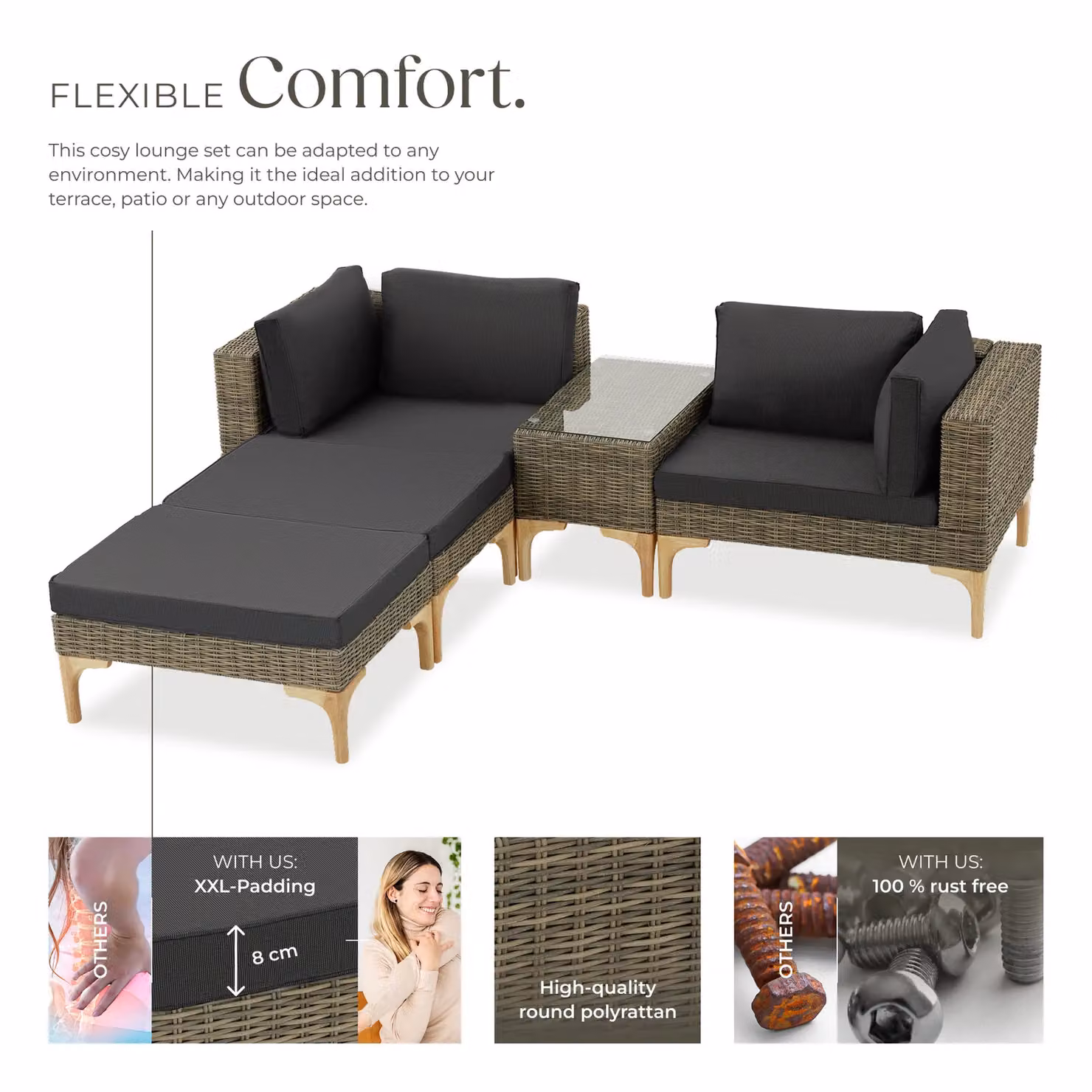 tectake Bellaria Rattan Lounge Set with Powder Coated Aluminium Frame and Beige Cushions for 4 People – 3