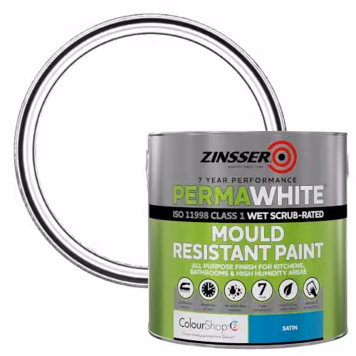Zinsser Perma-White Satin Mould Resistant Water-Based Interior Paint, White, 2.5 l – 1