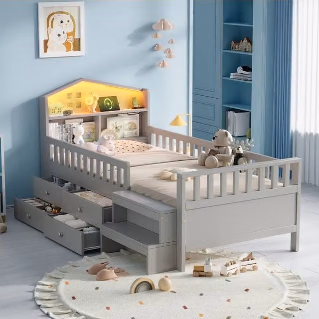 Merax Solid Wood Single Mid Sleeper Bed with Stairs, Drawers, LED and USB Ports, Grey and White – 1