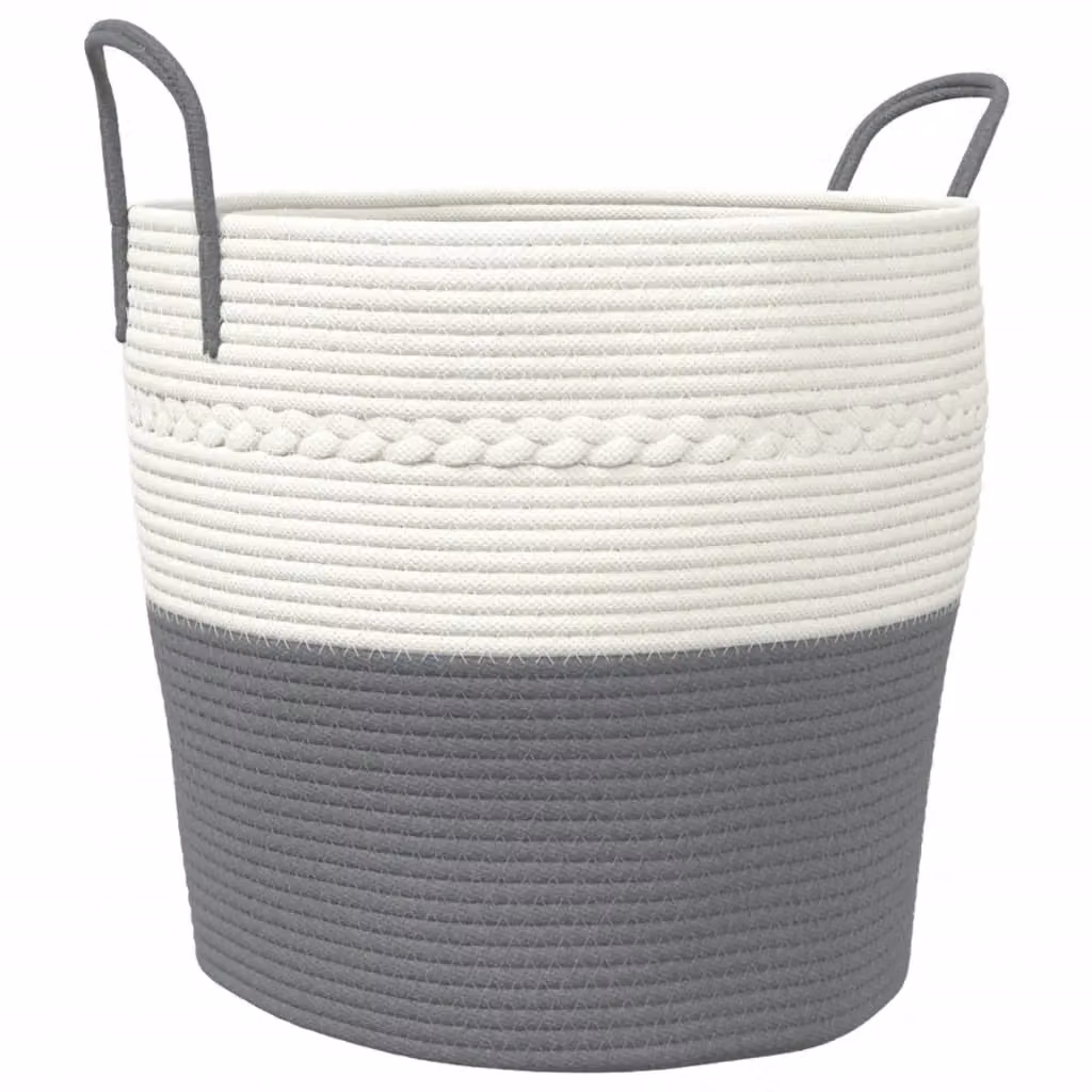 Berkfield Grey and White Open Weave Cotton Storage Basket with Handles W: 43 cm, D: 38 cm, H: 38 cm – 2