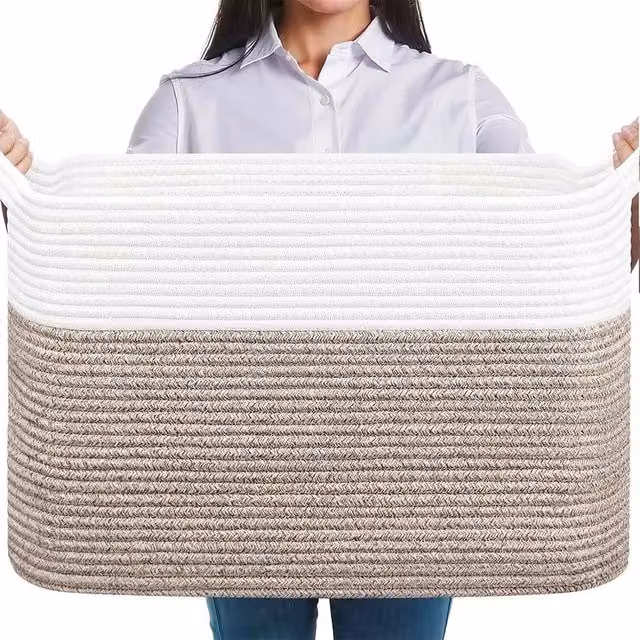 VOGREX Collapsible Cotton Rope Laundry Basket with Handles, White and Brown