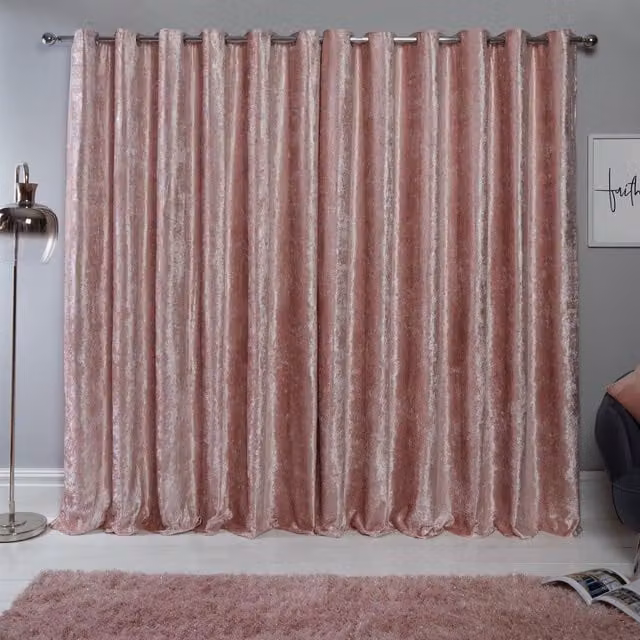 Sienna Pink Crushed Velvet Eyelet Curtains, Thermal Insulating and Fully Lined, Width: 116 cm, Height: 182 cm