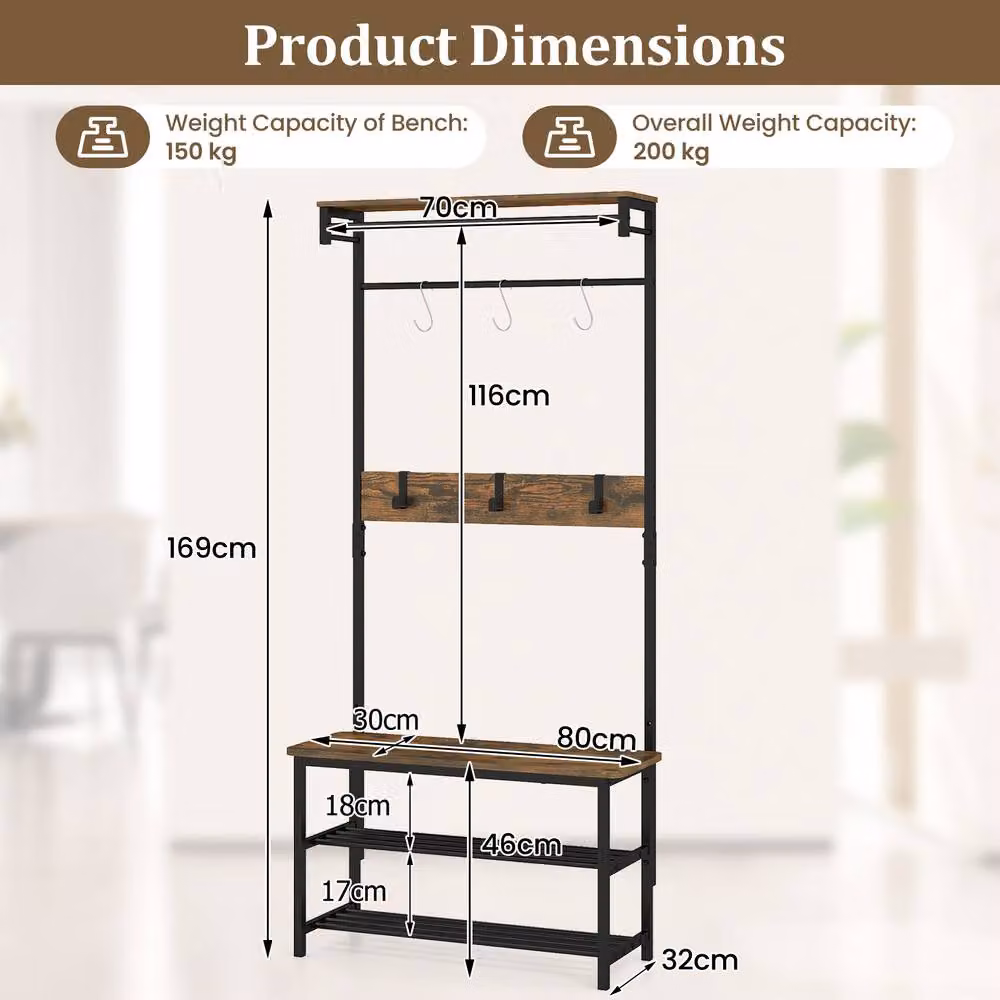Gymax Industrial Hall Tree with Bench and Shoe Cupboard in Brown – 2