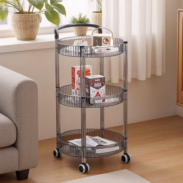 Livingandhome 3-Tier Round Plastic Storage Cart with Wheels in Grey