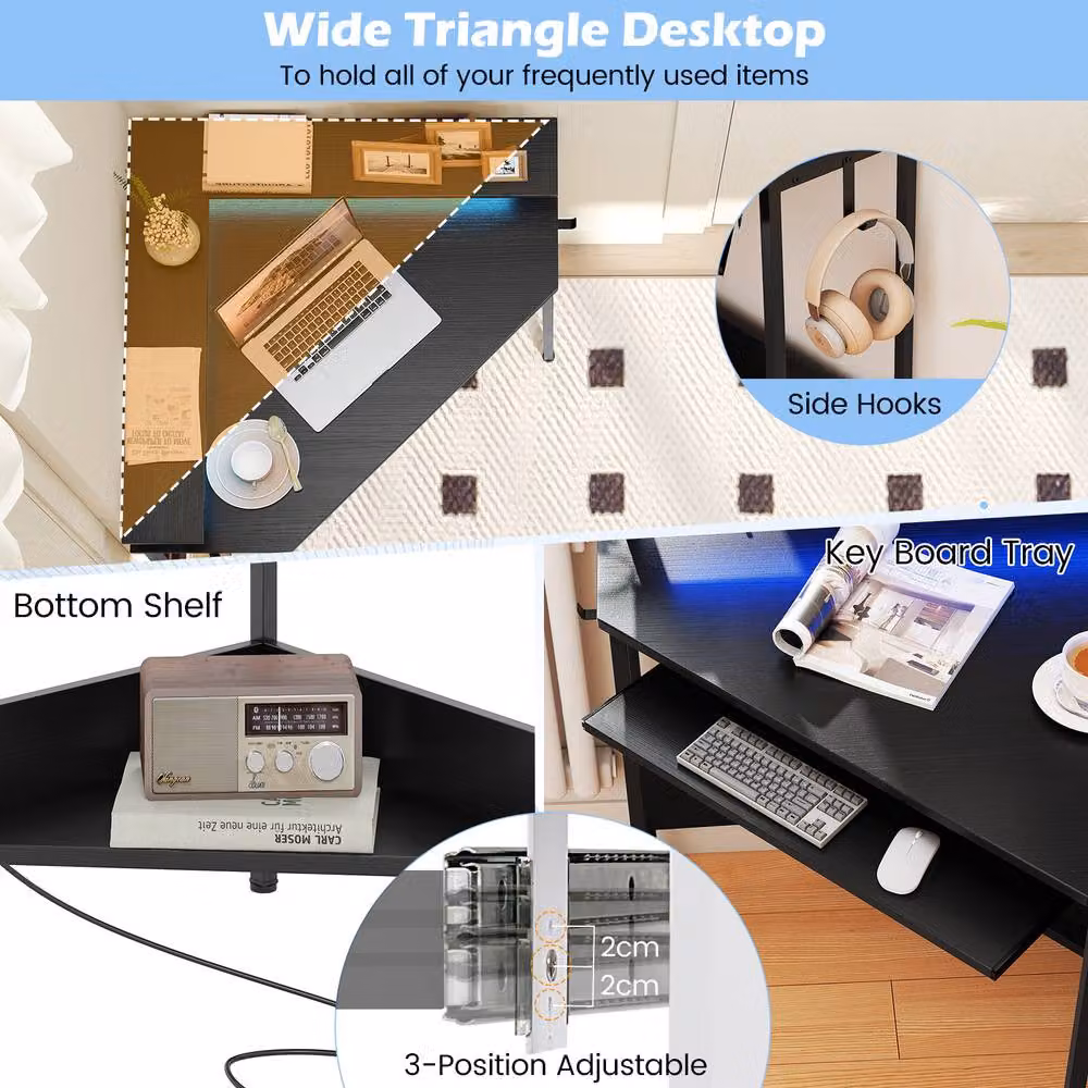 Costway Black Triangle Corner Gaming Desk with Charging Station and LED Lighting – 6