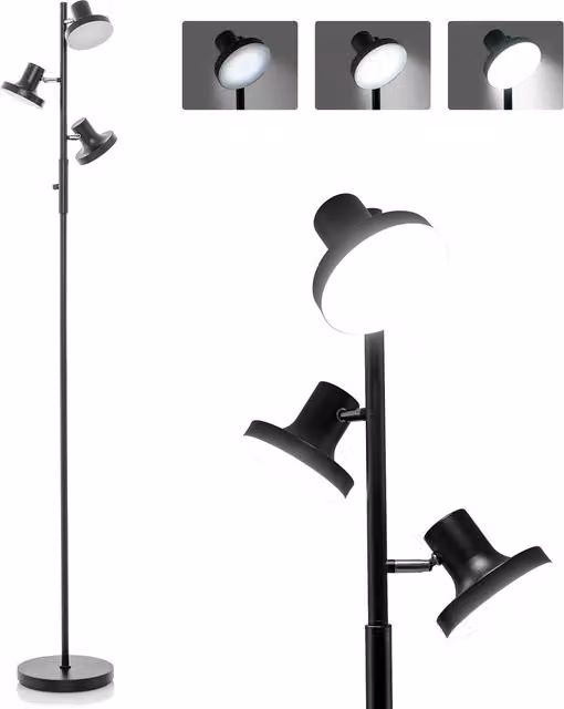 COSTWAY Modern 3-Light Adjustable LED Floor Lamp in Black
