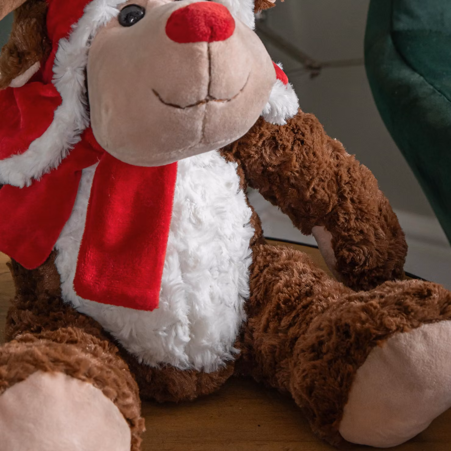 Samuel Alexander Brown Sitting Plush Christmas Reindeer with Red Hat and Scarf, Height: 30 cm – 4