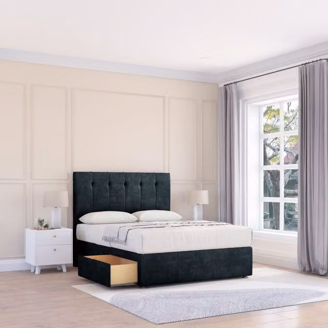 Sloomy Highbury King Size Divan Bed Base and Floor Standing Headboard in Black Velvet