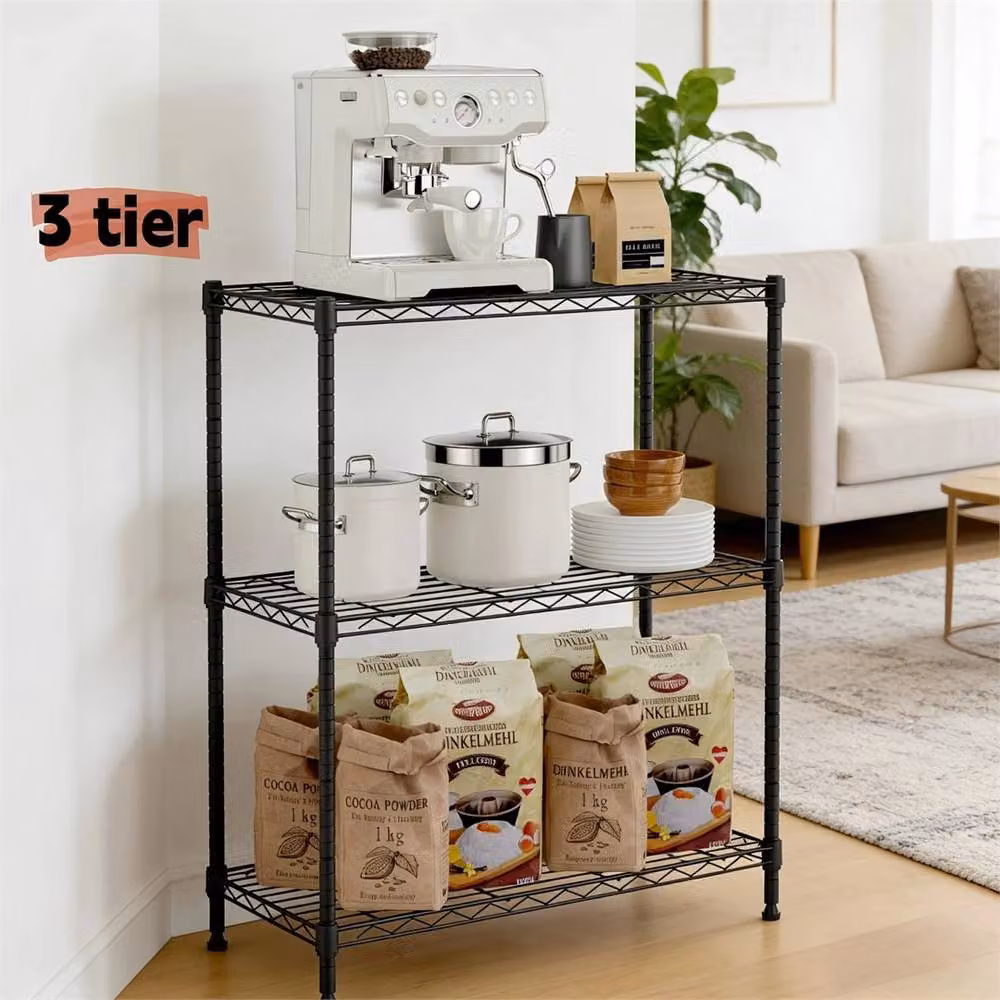 Nordara 3 Tier Black Metal Industrial Utility Shelving Unit with Adjustable Shelves – 3