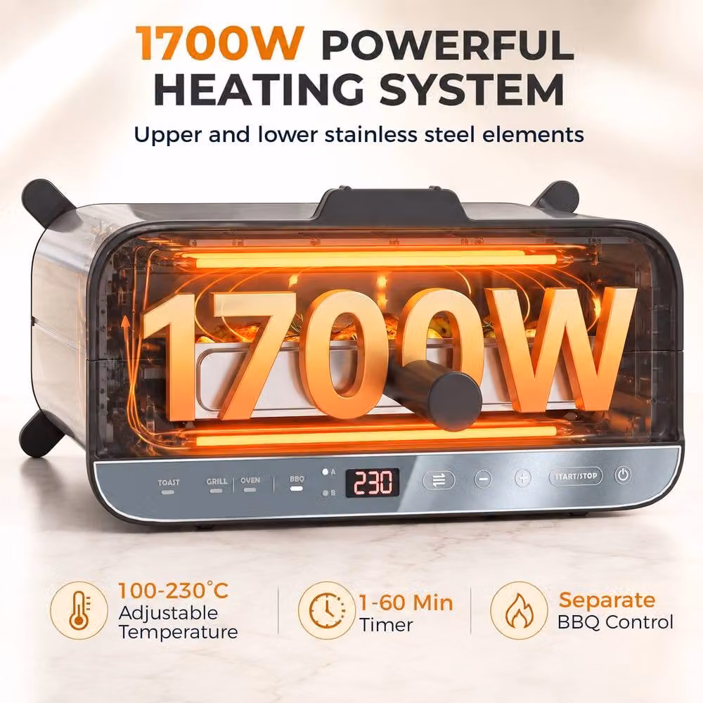 HOMCOM 3-in-1 Electric Mini Oven, Long Slot Toaster and Tabletop Grill with Digital Display in Silver Stainless Steel – 6